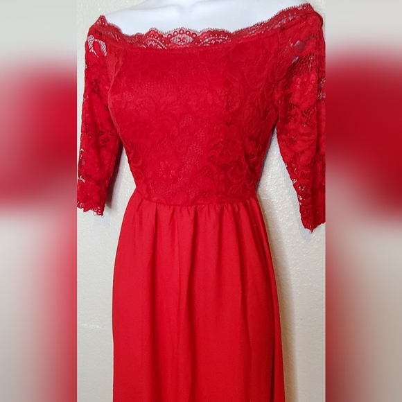 Elegant Red Lace Off-Shoulder Long Gown Maxi Dress Size Small - Picture 4 of 7